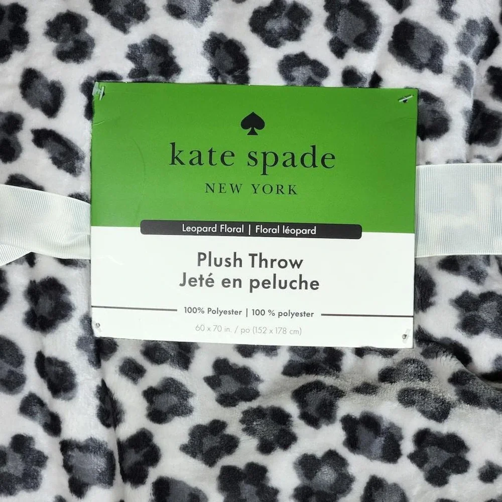 Kate Spade New York Leopard Floral Plush Throw Blanket Grey White 60x70 NEW